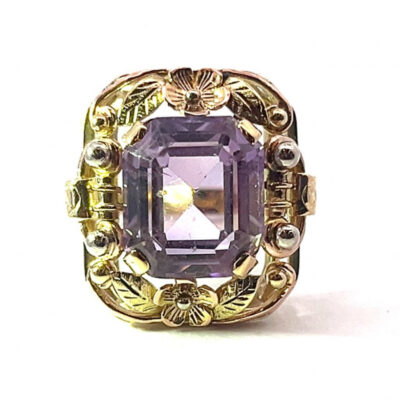 Starožitný zlatý prsten s ametystem, vel. 56